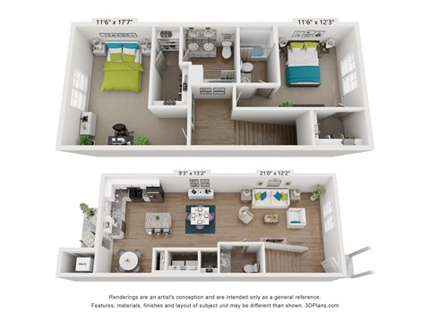 a stylized floor plan with a bedroom and a living room